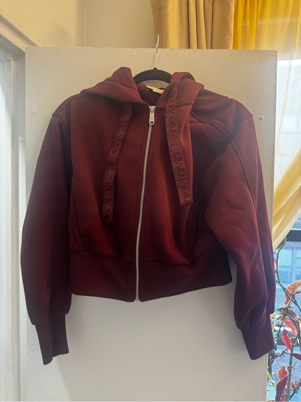 Calvin Klein Jeans Maroon Zip Hoodie with Branded Drawstrings, cropped waist